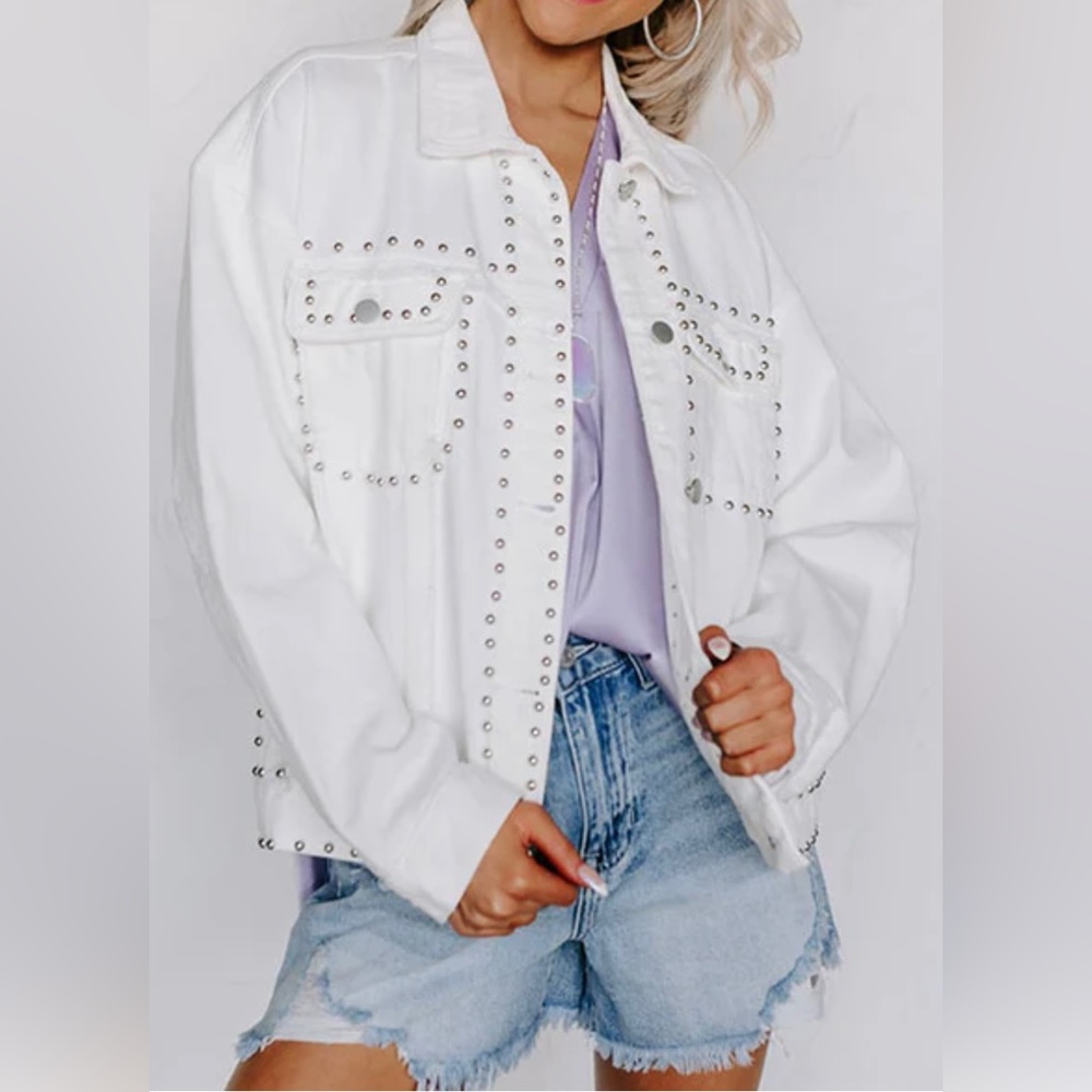 White Studded Oversized Denim Jacket